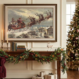 ヴィンテージ クリスマス、ソリに乗ったヴィクトリア朝のサンタクロース ポスター