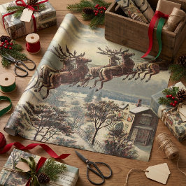 ヴィンテージ クリスマス、ソリに乗ったヴィクトリア朝のサンタクロース ラッピングペーパー