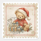 ヴィンテージ クリスマス テディベア ギフト 郵便 スクエアシール (正面)