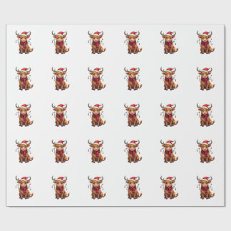 ヴィンテージ クリスマス ハイランドカウ かわいい ホリデー ベクター ラッピングペーパー