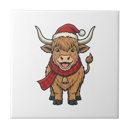 ヴィンテージ クリスマス ハイランドカウ サンタ帽子 ベクター_1 タイル (正面)