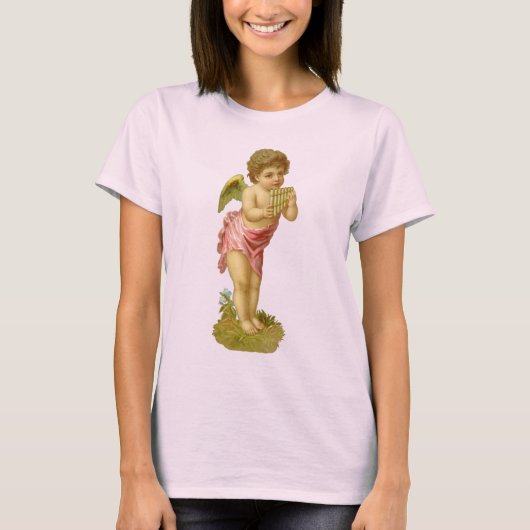 ヴィンテージ クリスマス、パンパイプを持つ天使のミュージシャン Tシャツ (正面)