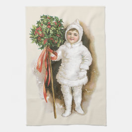 ヴィンテージ クリスマス、ヒイラギを持つヴィクトリア朝の少女 キッチンタオル