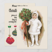 ヴィンテージ クリスマス、ヒイラギを持つヴィクトリア朝の少女 招待状 (正面/裏面)
