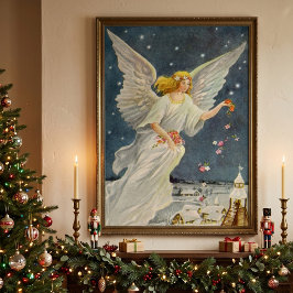 ヴィンテージ クリスマス ビクトリア朝の天使と星 薔薇 ポスター