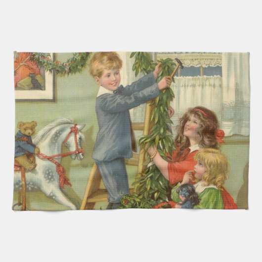 ヴィンテージ クリスマス ビクトリア朝の子供たちの飾り付け キッチンタオル (横)