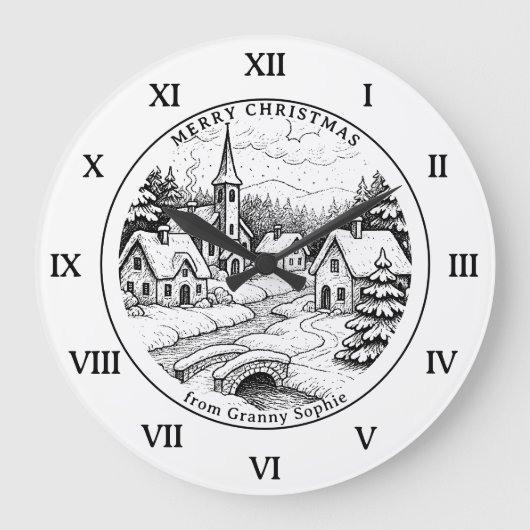 ヴィンテージ クリスマス ビレッジ 冬景色 - ローマ数字 ラージ壁時計 (正面)