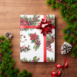 ヴィンテージ クリスマス フラワーとベリーの水彩クリップ ラッピングペーパー