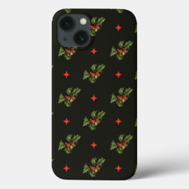 ヴィンテージ クリスマス ホーリーの葉と星のパターン iPhone 13ケース