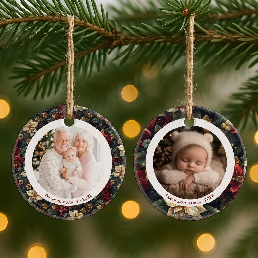 ヴィンテージ クリスマス ポインセチア 2 枚の写真 オーナメント