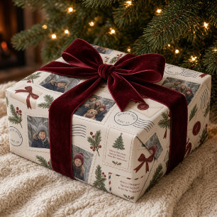 ヴィンテージ クリスマス ポストカード フォトコラージュ ワインレッド ラッピングペーパー