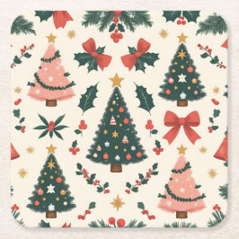 ヴィンテージ クリスマス ヤドリギとリボンのホリデー スクエアペーパーコースター