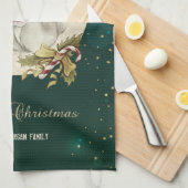 ヴィンテージ クリスマス リス、雪の結晶 キッチンタオル (四つ折り)