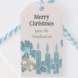 ヴィンテージ クリスマス リノカットプリント ブルーキャンドル ギフトタグ