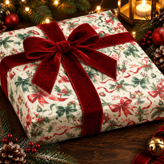ヴィンテージ クリスマス リボンとヒイラギの水彩包装 ラッピングペーパー