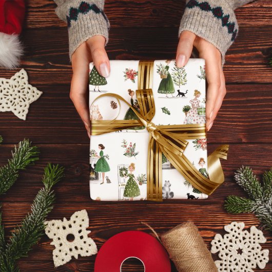 ヴィンテージ クリスマス レディースと猫の水彩画 ラッピングペーパー