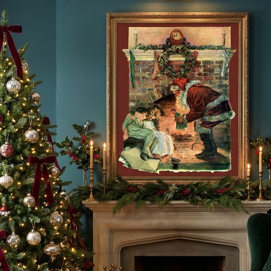 ヴィンテージ クリスマス、ヴィクトリア朝のサンタクロースと子供たち ポスター