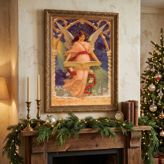ヴィンテージ クリスマス、ヴィクトリア朝の天使が聖書を読む ポスター