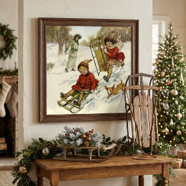 ヴィンテージ クリスマス、ヴィクトリア朝の子供たちのそり遊びの犬 ポスター