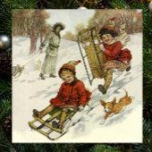 ヴィンテージ クリスマス、ヴィクトリア朝の子供たちのそり遊びの犬 ポスター