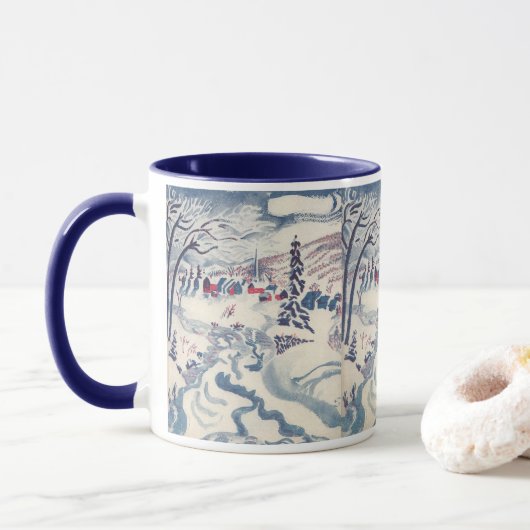 ヴィンテージ クリスマス、冬の村の雪景色 マグカップ (ドーナツ)