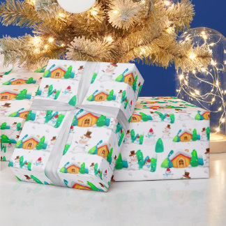 ヴィンテージ クリスマス 冬の雪だるま コテージ ツリー ラッピングペーパー