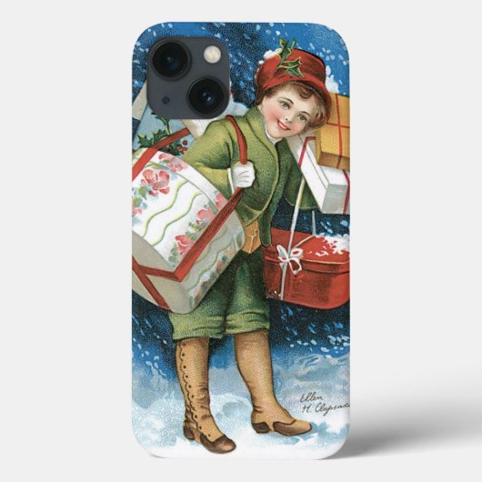 ヴィンテージ クリスマス、冬の雪の中のプレゼントを持った女の子 Case-Mate iPhoneケース (裏面)