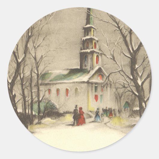ヴィンテージ クリスマス 冬の雪景色の教会 ラウンドシール (正面)