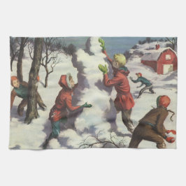 ヴィンテージ クリスマス 子供たちの雪合戦 キッチンタオル