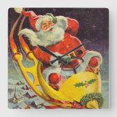 ヴィンテージ クリスマス 宇宙船のサンタクロース スクエア壁時計 (正面)