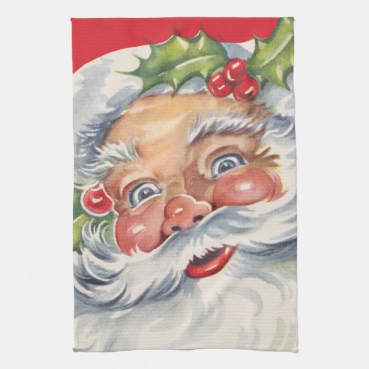 ヴィンテージ クリスマス、帽子をかぶった陽気なサンタクロース キッチンタオル (縦)