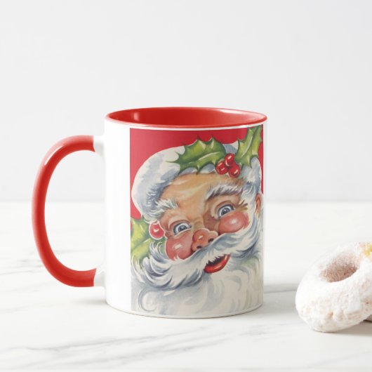 ヴィンテージ クリスマス、帽子をかぶった陽気なサンタクロース マグカップ (ドーナツ)