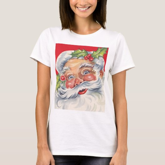 ヴィンテージ クリスマス、帽子をかぶった陽気なサンタクロース Tシャツ (正面)