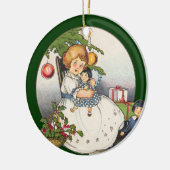 ヴィンテージ クリスマス、幸せな女の子が人形で遊ぶ セラミックオーナメント (左)