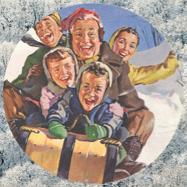 ヴィンテージ クリスマス、幸せな家族のそり遊び ラウンドシール