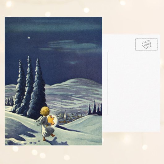 ヴィンテージ クリスマス、星を持つ雪の天使の散歩 シーズンポストカード