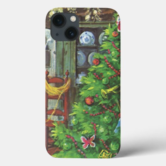 ヴィンテージ クリスマス、暖炉のある居心地の良いログキャビン Case-Mate iPhoneケース (裏面)
