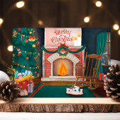 ヴィンテージ クリスマス 暖炉のシーン ホリデーポストカード