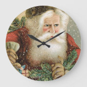 ヴィンテージ クリスマス 松の葉を持つヴィクトリア朝のサンタクロース ラージ壁時計 (正面)
