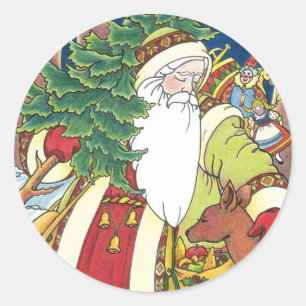 ヴィンテージ クリスマス 森のサンタクロースと鹿 ラウンドシール