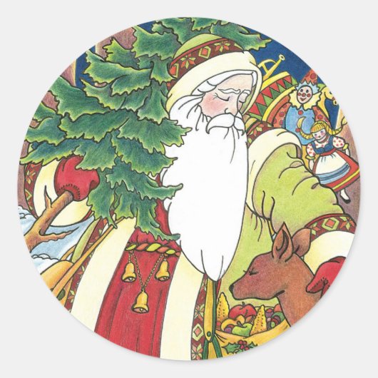 ヴィンテージ クリスマス 森のサンタクロースと鹿 ラウンドシール (正面)
