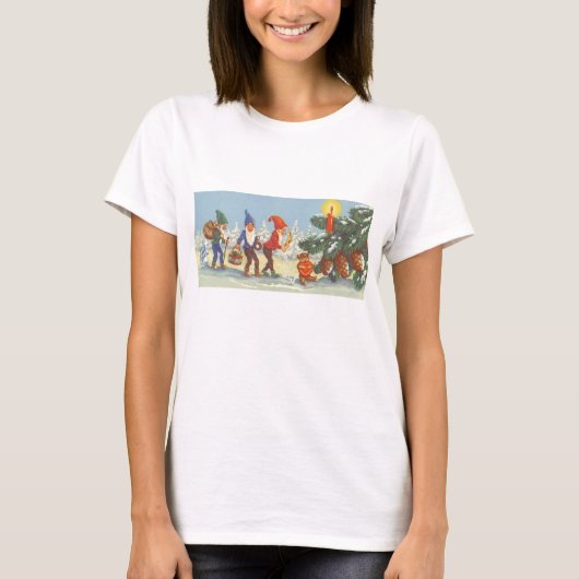 ヴィンテージ クリスマス 森の雪とエルフ 冬 Tシャツ (正面)
