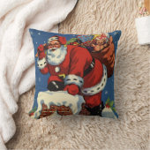 ヴィンテージ クリスマス、煙突を降りるサンタクロースとおもちゃ クッション (ブランケット)