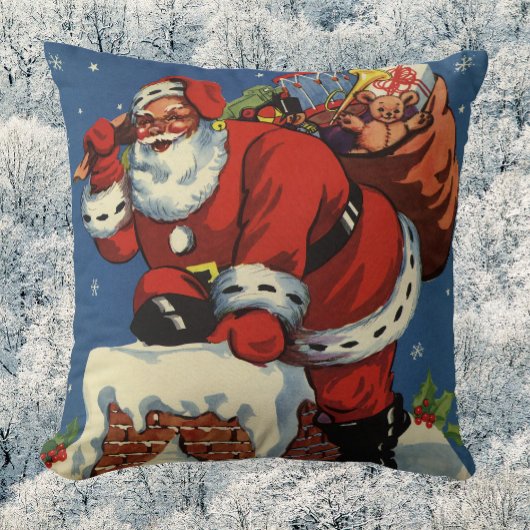 ヴィンテージ クリスマス、煙突を降りるサンタクロースとおもちゃ クッション