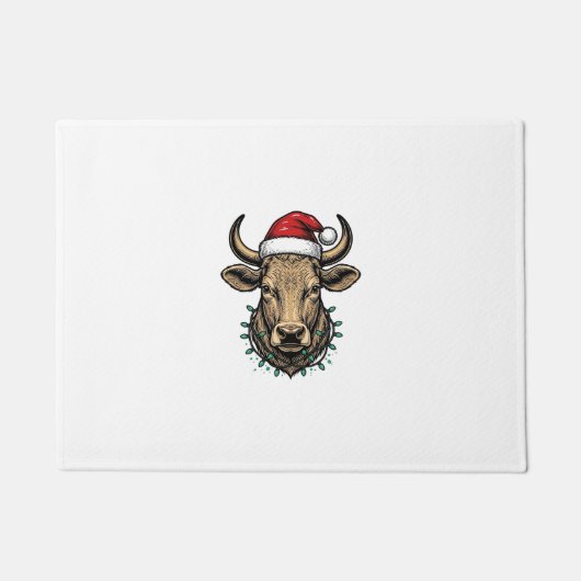 ヴィンテージ クリスマス 牛 サンタ帽子 ホリデーTシャツ_1 ドアマット (正面)