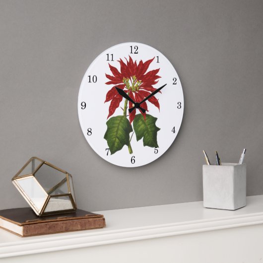 ヴィンテージ クリスマス、赤いポインセチアの冬の植物 ラージ壁時計 (オフィス)