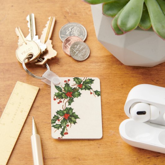 ヴィンテージ クリスマス、赤い実のひいらぎの植物 キーホルダー (デスク)