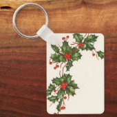 ヴィンテージ クリスマス、赤い実のひいらぎの植物 キーホルダー (正面)