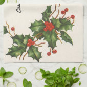 ヴィンテージ クリスマス、赤い実のホーリーの植物 キッチンタオル (折り畳み)