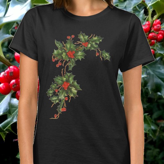 ヴィンテージ クリスマス、赤い実のホーリーの植物 Tシャツ